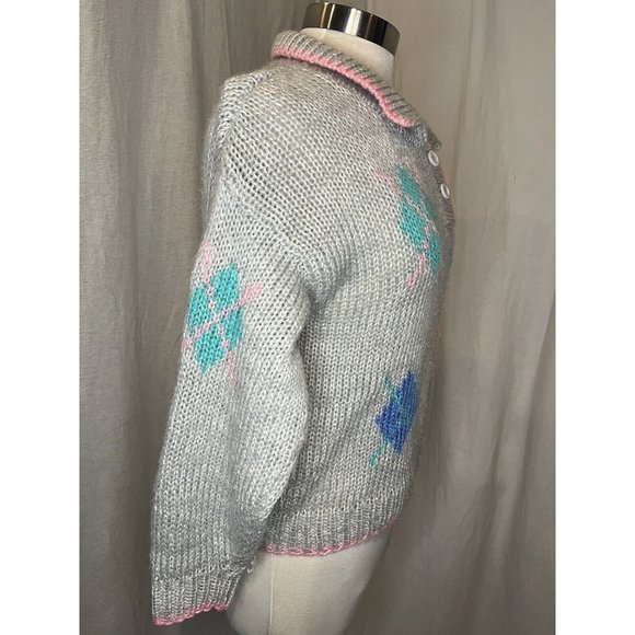 EVIAN II Knitted by Hand Women's Sweater Size M Long Sleeve Collar Grey/Pink - Picture 7 of 13